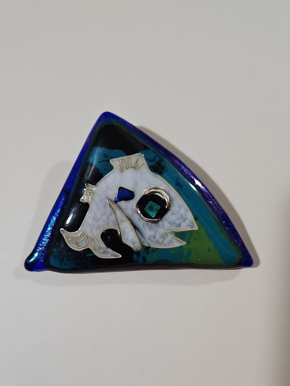 Handmade Triangular Cobalt Blue Art Glass Fish Pin Brooch
